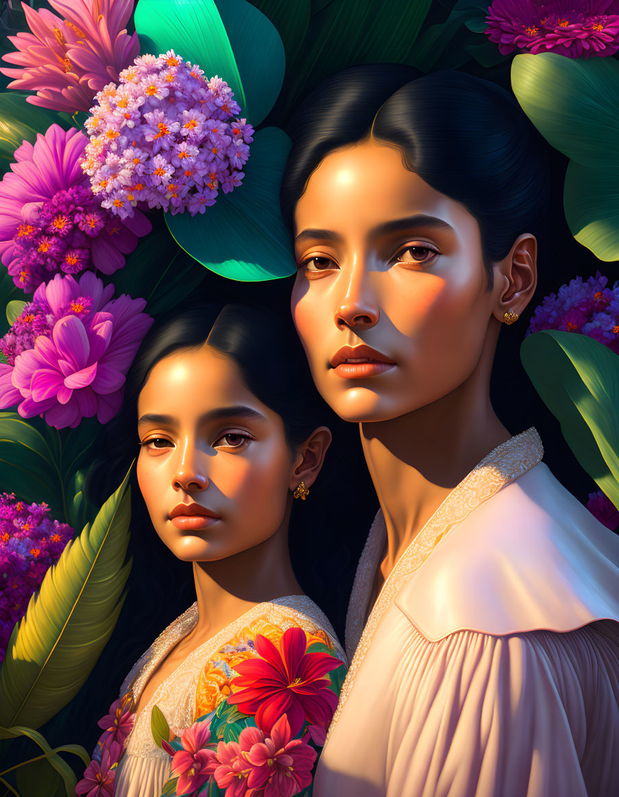 Serene Women Surrounded by Tropical Flowers in Vibrant Painting