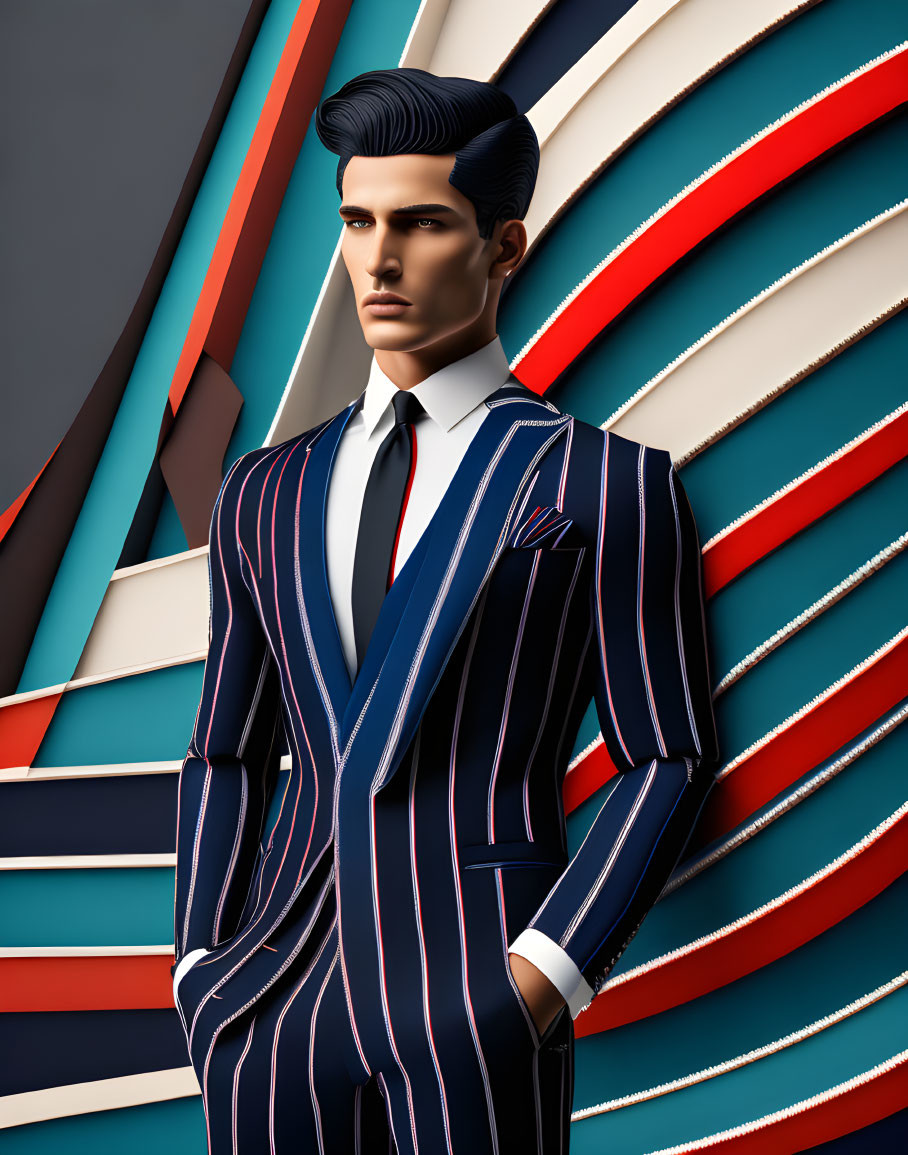 Abstract man in pinstripe suit with modern hairstyle on colorful geometric backdrop