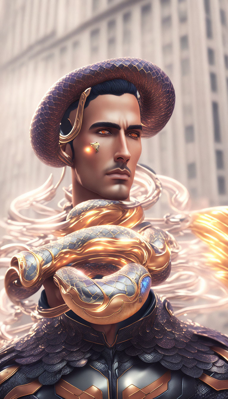 Regal character with snake-like hair and armor in urban setting