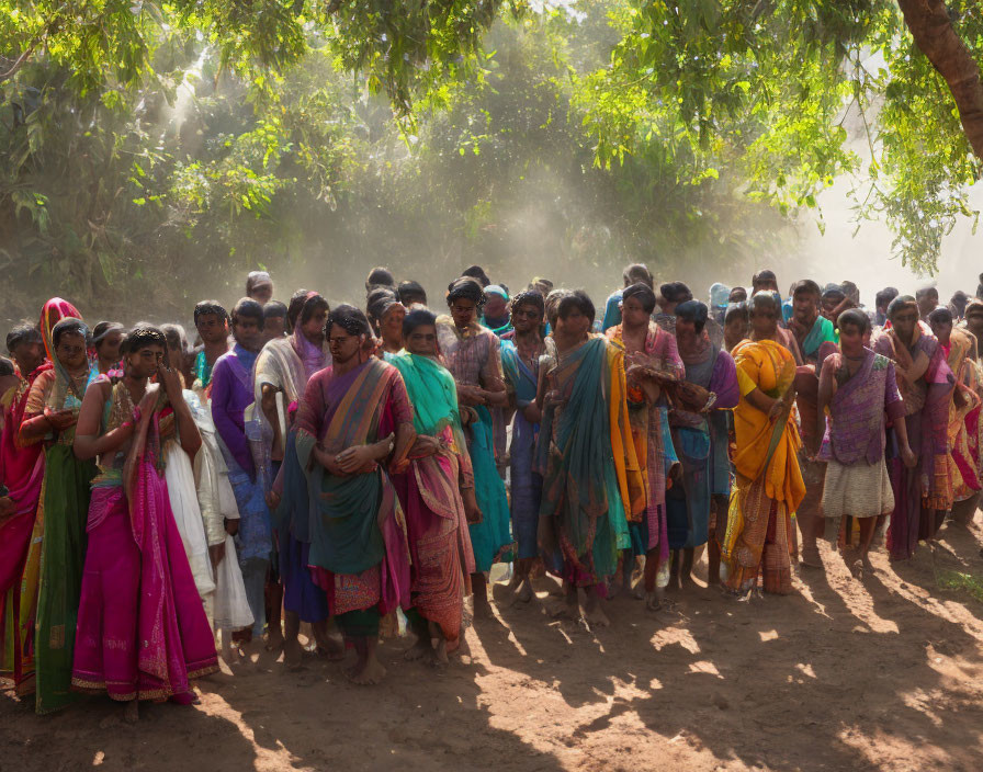 Group of people in colorful traditional attire in dusty, sunlit area with trees.