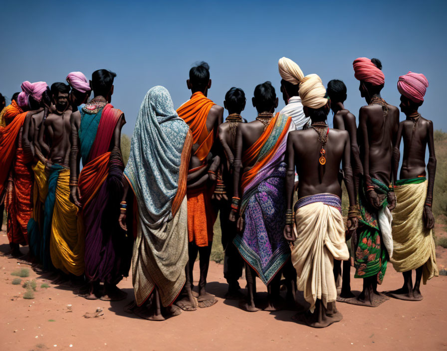 Group of people in colorful traditional attire against vivid blue sky