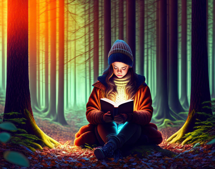 Person reading glowing book in mystical forest with sunlight shafts