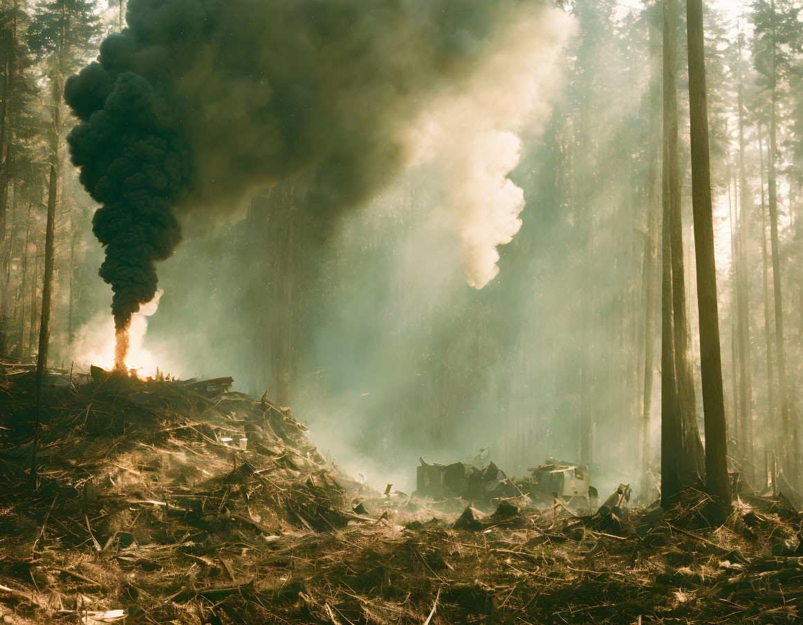 Sunlit Dense Forest with Dark Smoke Rising from Fire