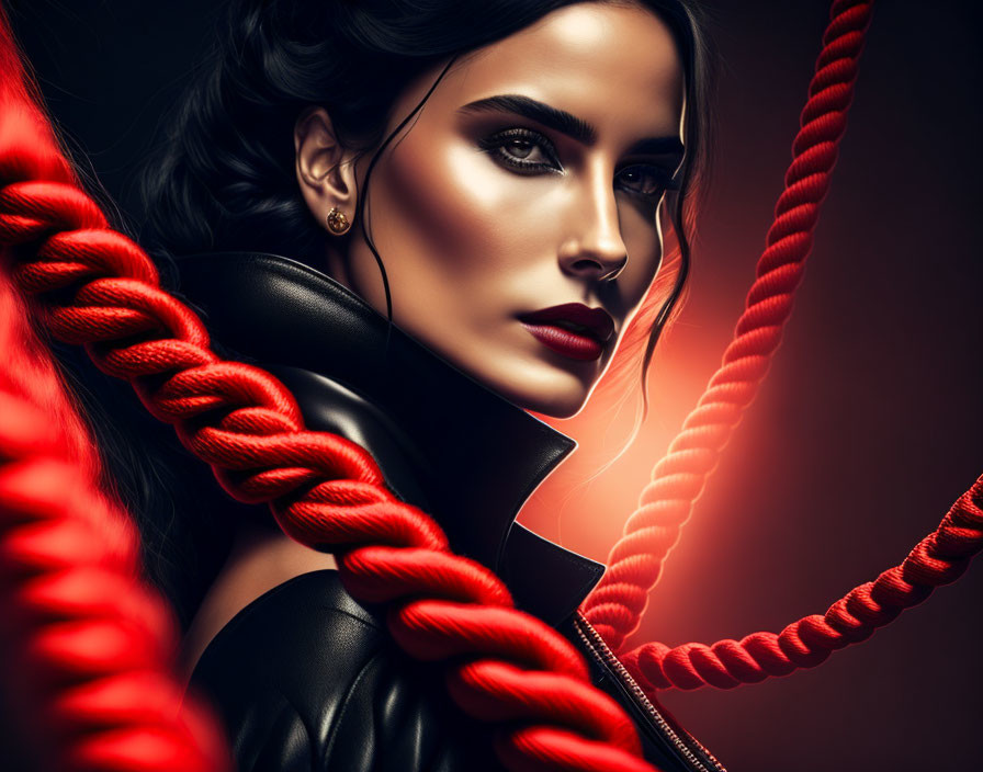 Dark-haired woman with striking makeup and red ropes against a mysterious background