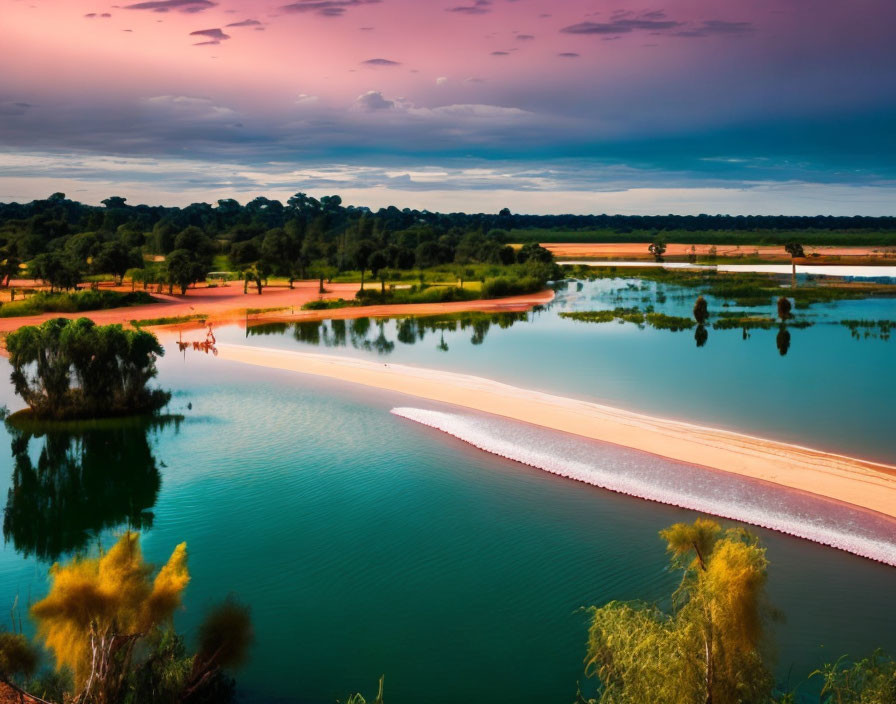 Serene river at sunset with crossing dam and lush greenery