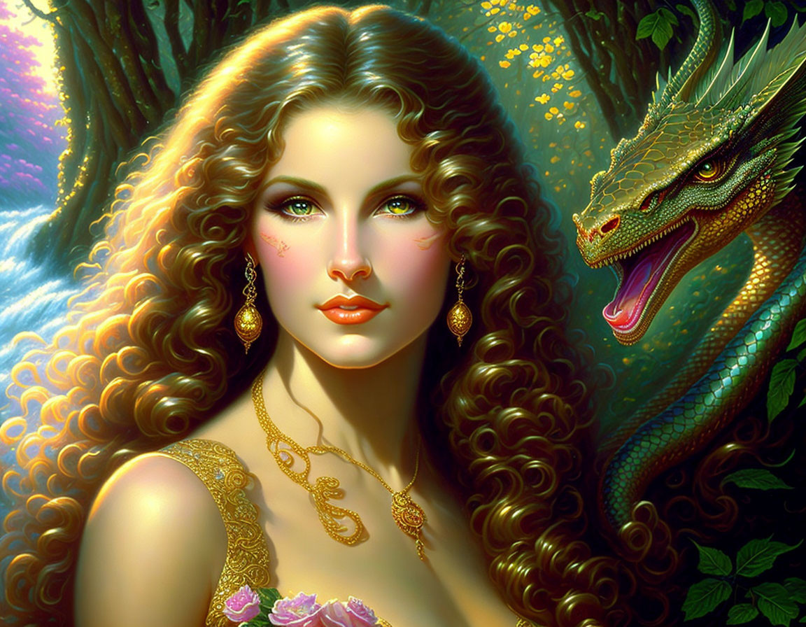 Woman with Cascading Curly Hair and Green Dragon in Vibrant Forest Portrait