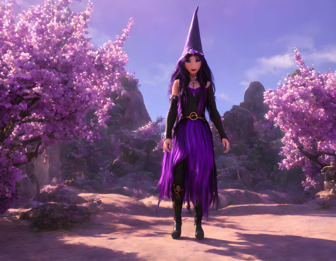 Cartoon witch in purple attire in mystical forest with cherry blossoms