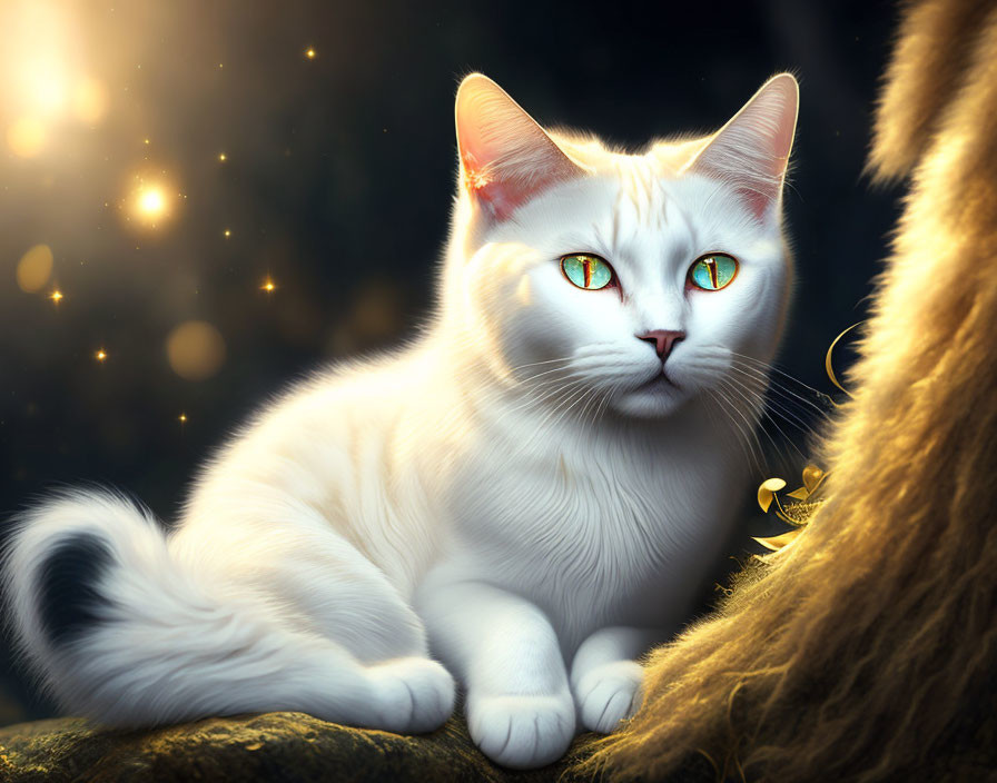 White Cat with Green Eyes Sitting on Rock in Golden Light