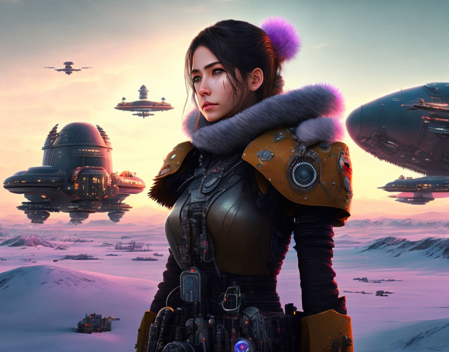 Detailed futuristic female warrior in armored suit with flying sci-fi ships in snowy landscape