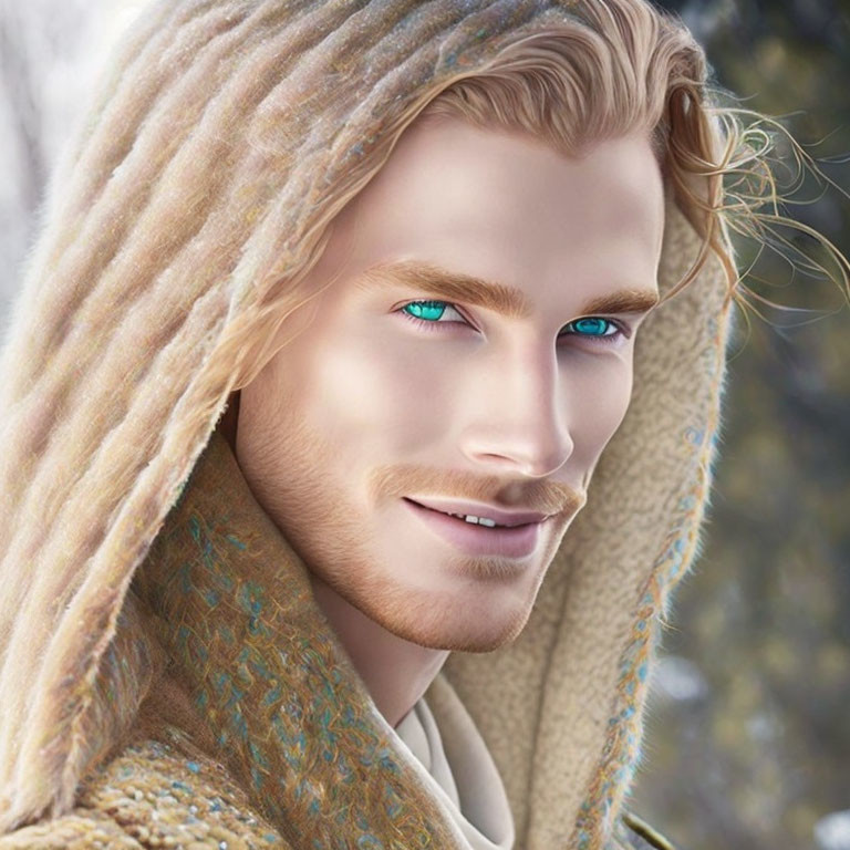 Fair-skinned male with blue eyes, blonde hair, and cloak in digital art