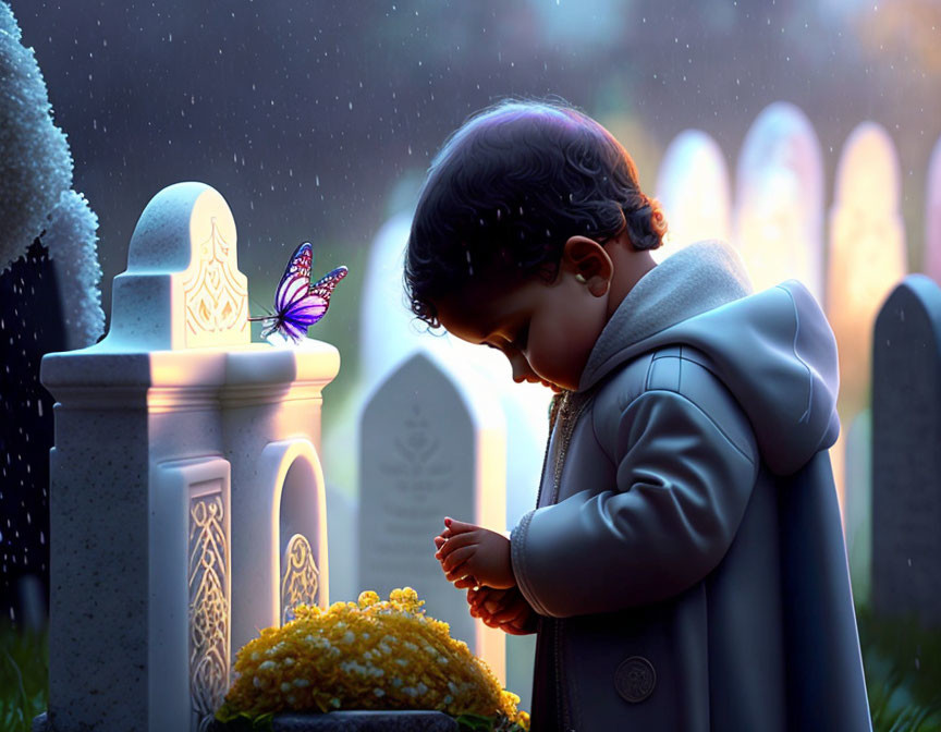 Child in coat at gravesite with butterfly and flowers