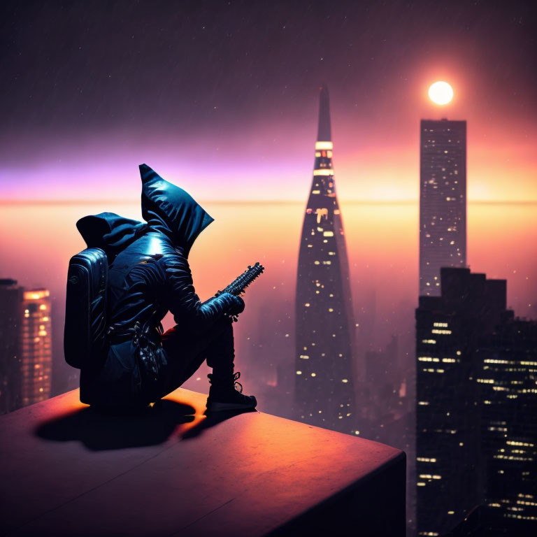 Futuristic figure in hooded suit with guitar on rooftop at dusk