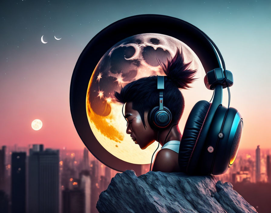 Person with Large Headphones in Surreal Moonlit Cityscape