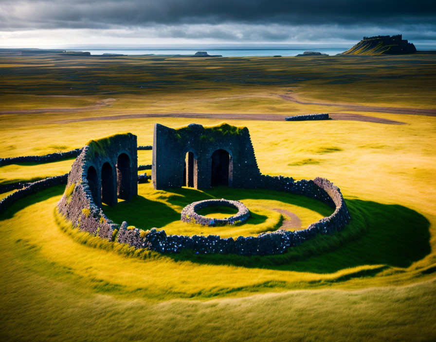 Ancient ruins with circular walls on lush landscape and islands under dramatic sky