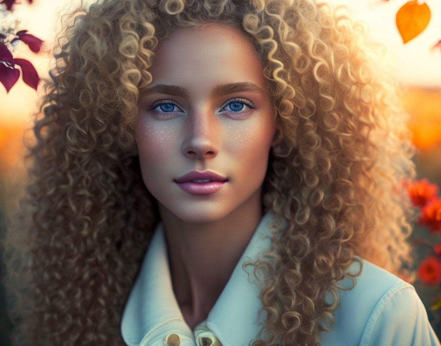 Curly Blond Hair and Blue Eyes Portrait in Golden Sunlight and Flowers