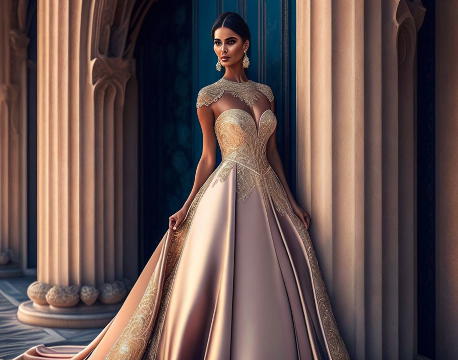 Elegant woman in floor-length gown with gold embroidery by ornate pillars