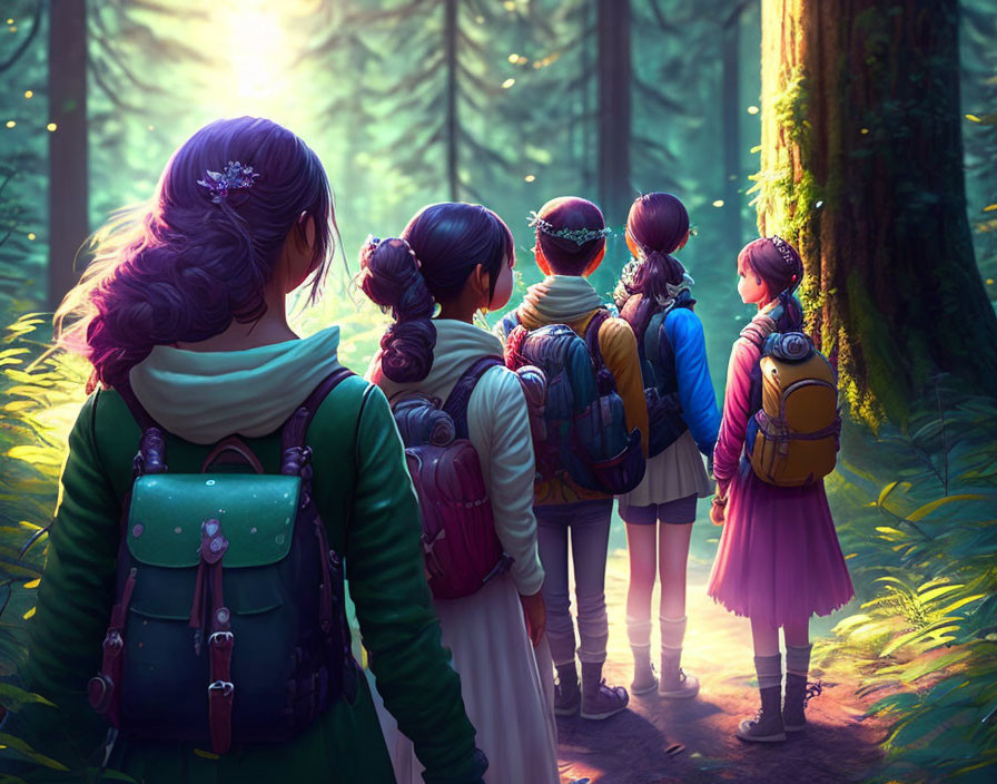 Five girls with backpacks in sunlit forest surrounded by tall trees.