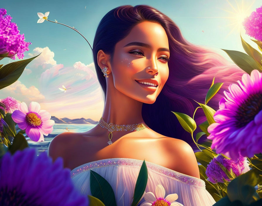 Smiling woman portrait with flowing hair, flowers, sunset sky, and butterfly