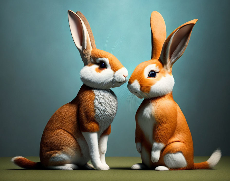 Stylized anthropomorphic rabbits with human-like features on teal backdrop