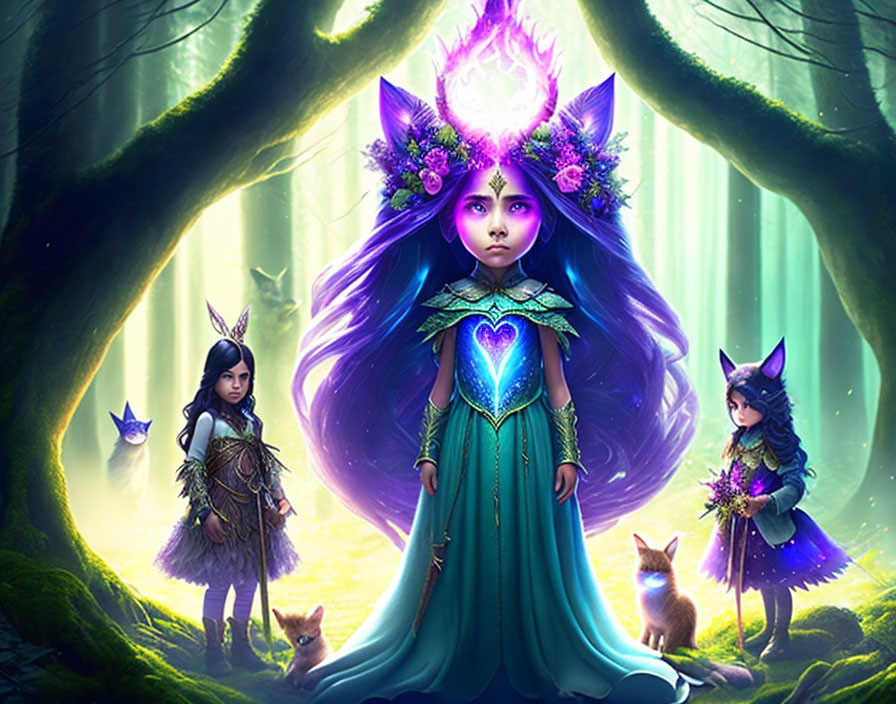 Fantasy elf girls in enchanted forest with glowing butterflies and foxes