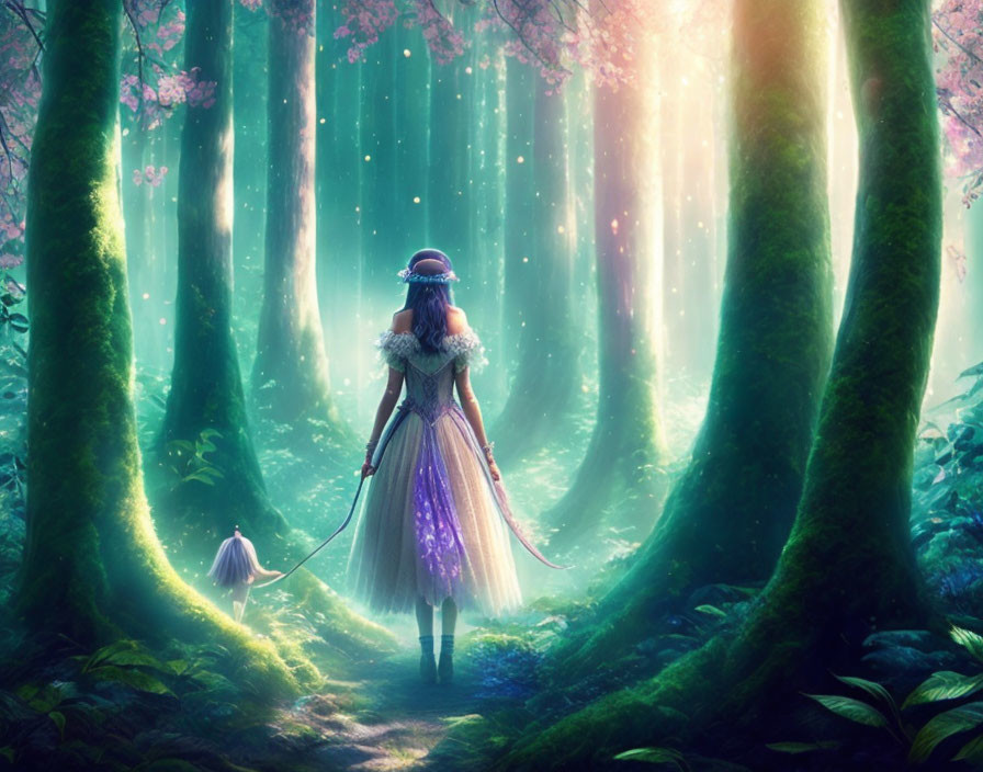 Woman in Purple Dress Walking Through Enchanted Forest with Glowing Trees