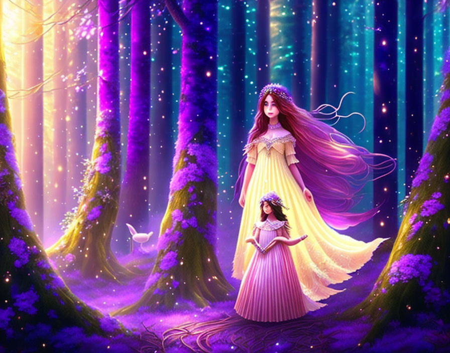 Whimsical illustration of a girl in purple dress in enchanted forest