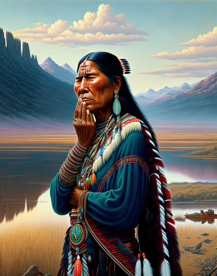 Traditional Native American woman by calm lake at dusk