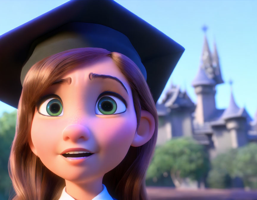 Brown-haired female character in 3D animation with green eyes and graduation cap against castle backdrop.