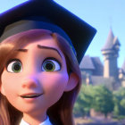 Brown-haired female character in 3D animation with green eyes and graduation cap against castle backdrop.