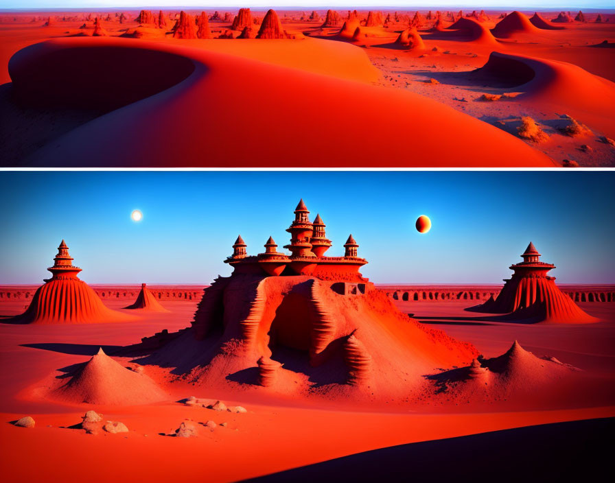 Orange Desert Landscape with Sand Dunes and Unique Rock Formations