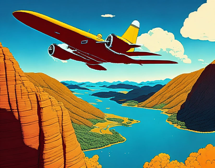 Vintage Yellow Plane Flying over Stylized Canyon with River and Trees