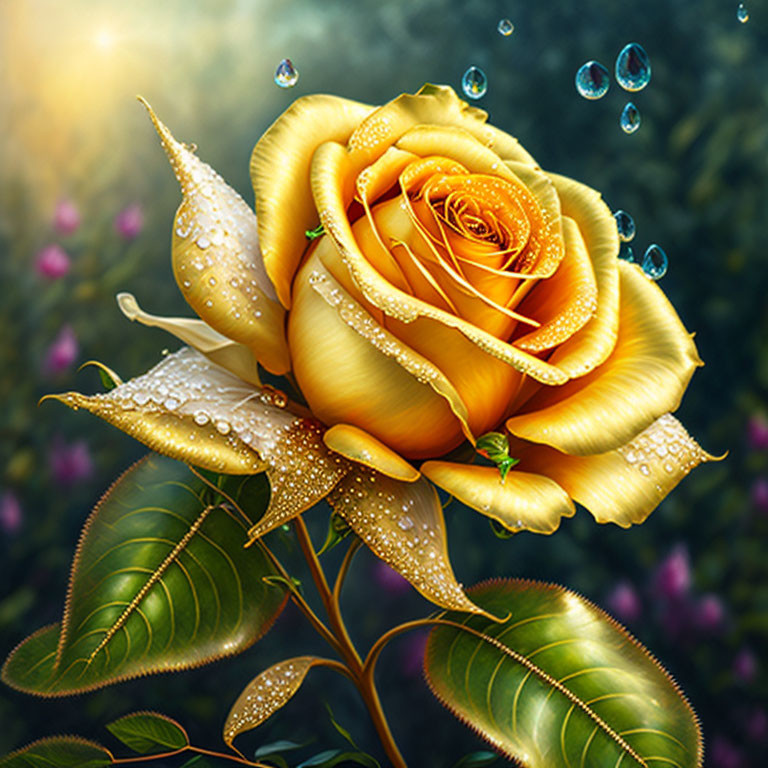 Yellow rose with water droplets and green insects in mystical garden