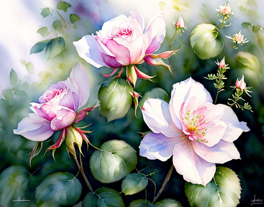 Delicate Pink Roses Watercolor Painting with Green Leaves