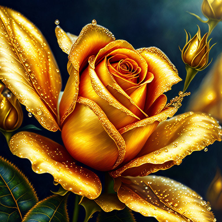 Golden Rose with Glittering Edges and Dewdrops on Dark Background