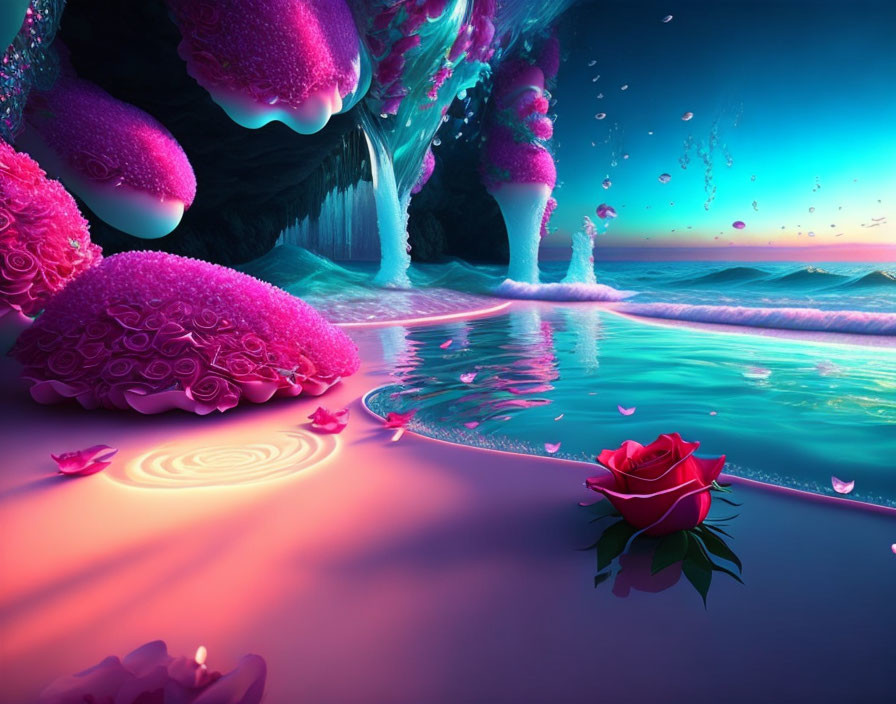 Vibrant pink foliage, turquoise lake, purple cave, red rose in surreal landscape