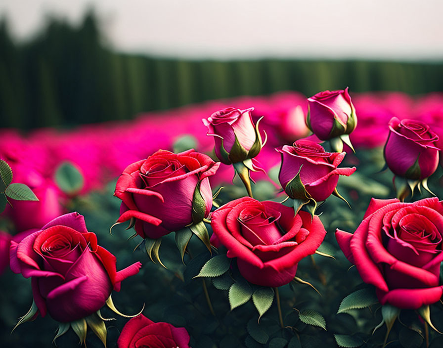 Blooming red roses in a lush green field