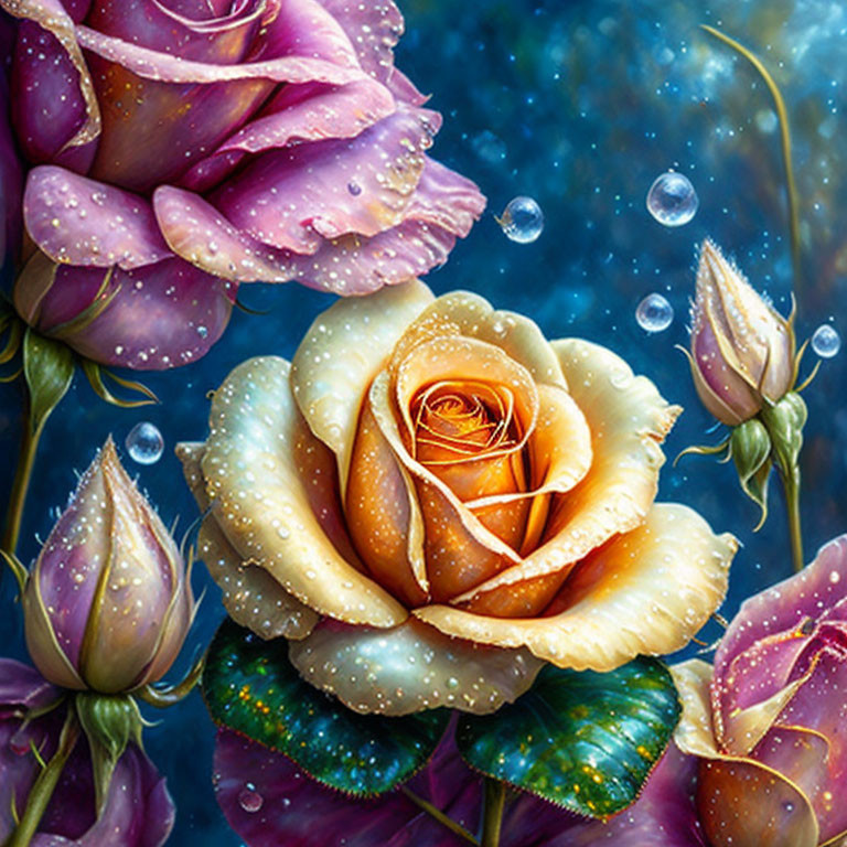 Digital painting of dew-speckled roses in bloom, featuring golden-yellow and pink roses on a dream