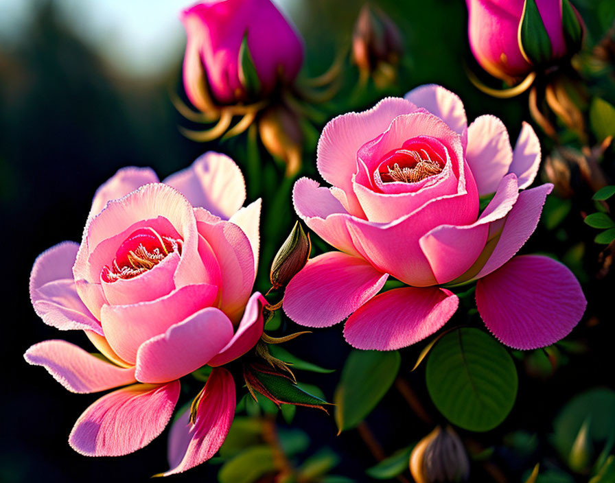 Detailed Close-Up of Vibrant Pink Roses with Golden Centers and Dark Green Leaves