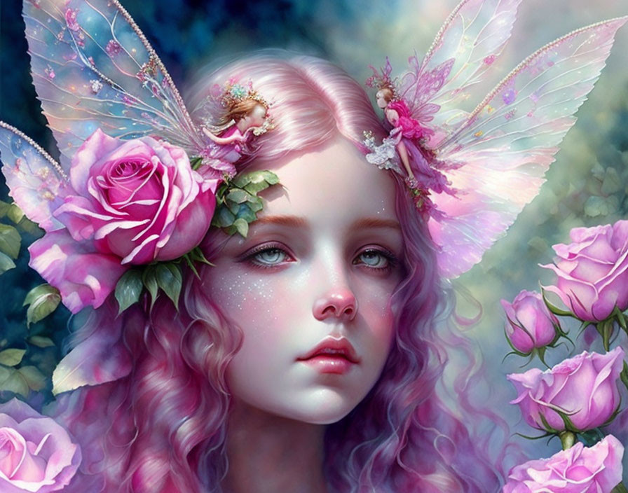 Pink-haired female character in fairytale setting with butterfly wings and roses.