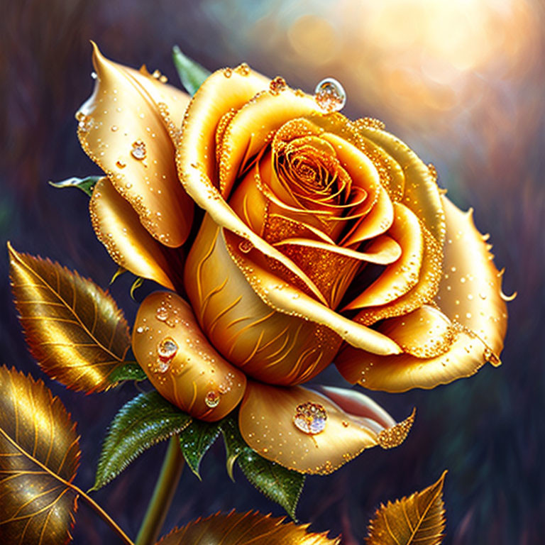 Vibrant yellow rose with dewdrops in soft light