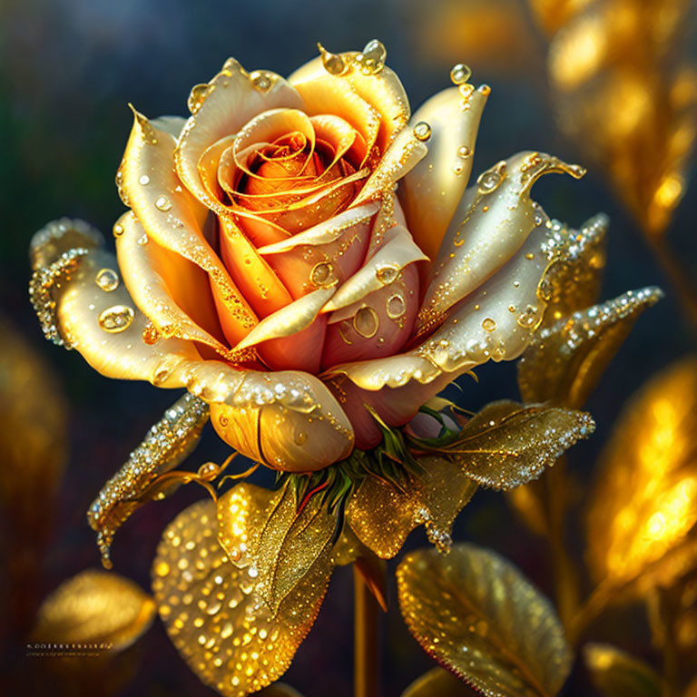 Golden Rose with Dewdrops and Glittering Leaves in Soft Background