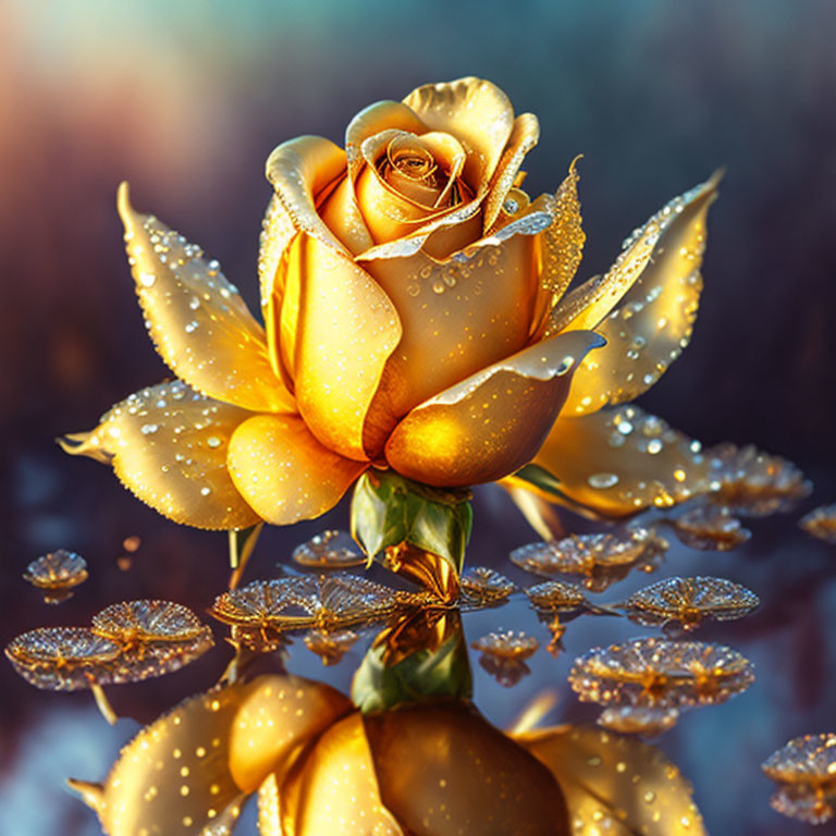 Golden Rose with Dew Drops Above Reflective Water in Warm Illuminated Setting