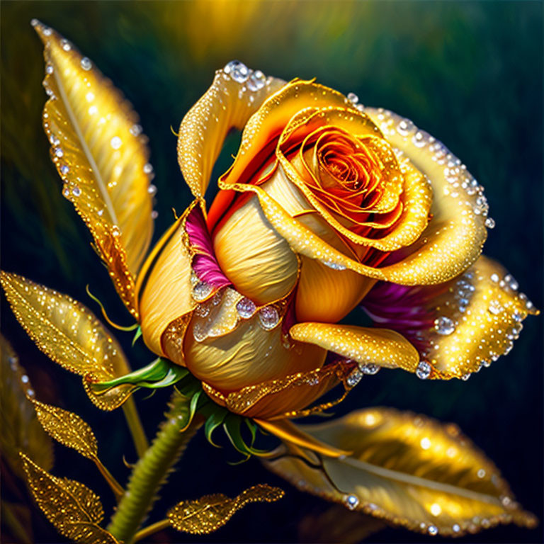 Vibrant yellow rose with water droplets on petals against dark green background