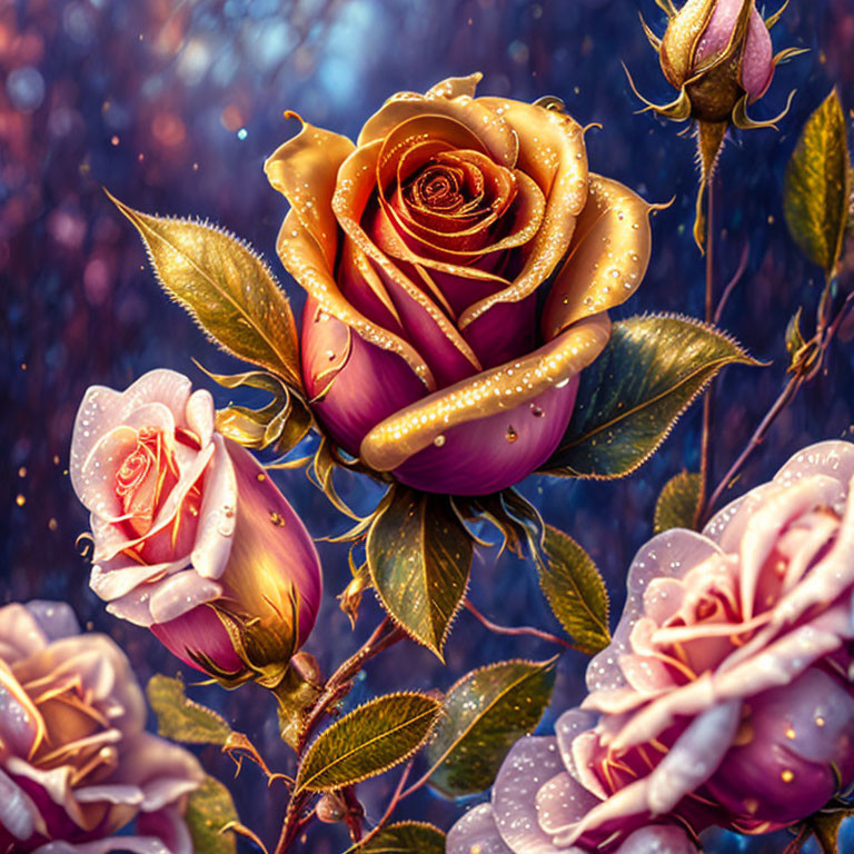 Dew-kissed pink and gold roses on blue background