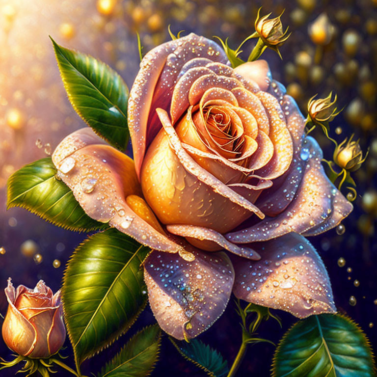 Close-up of dew-kissed golden rose surrounded by buds on bokeh light background