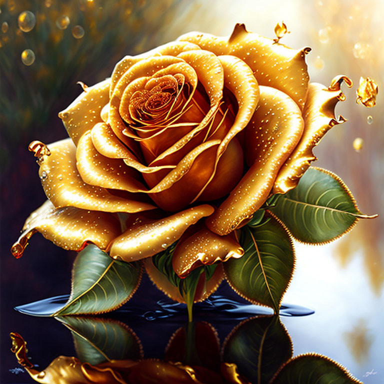 Golden Rose Digital Artwork with Sparkling Dewdrops on Radiant Background