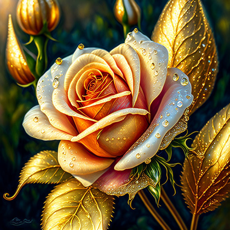 Hyper-realistic painting of dew-kissed peach rose with golden leaves on dark background