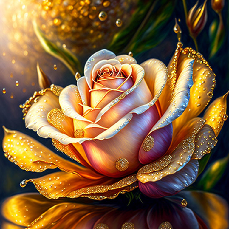 Golden Rose Covered in Dewdrops Against Dark Background with Light Orbs