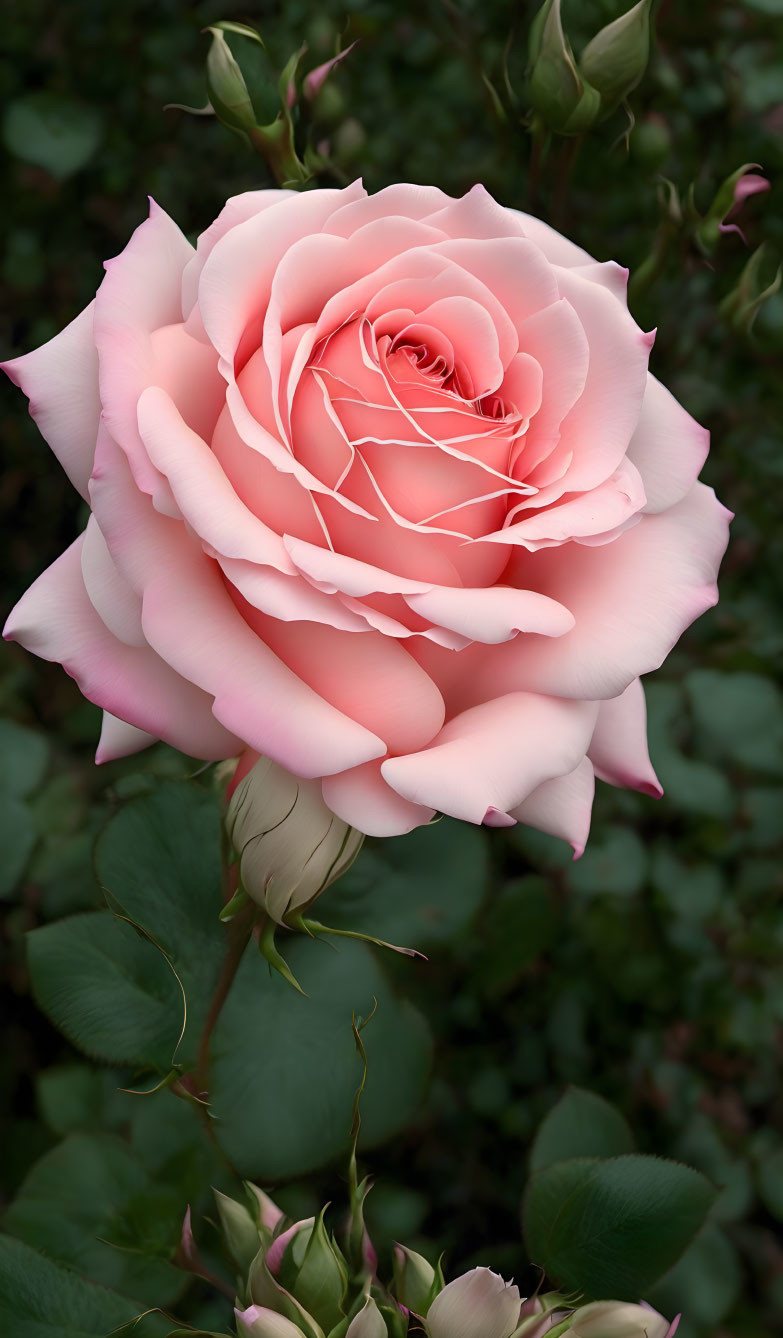 Delicate pink rose in full bloom with soft petals and green leaves