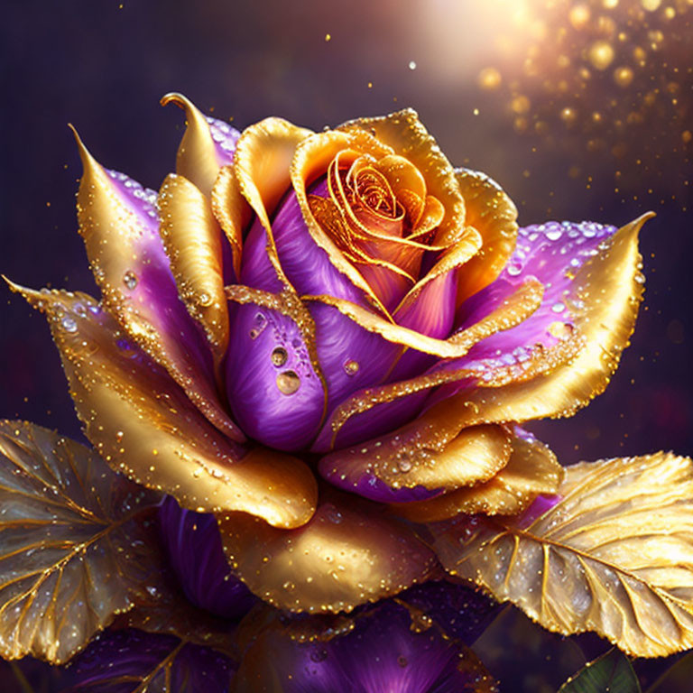 Golden-Hued Rose with Purple Accents on Dark Background